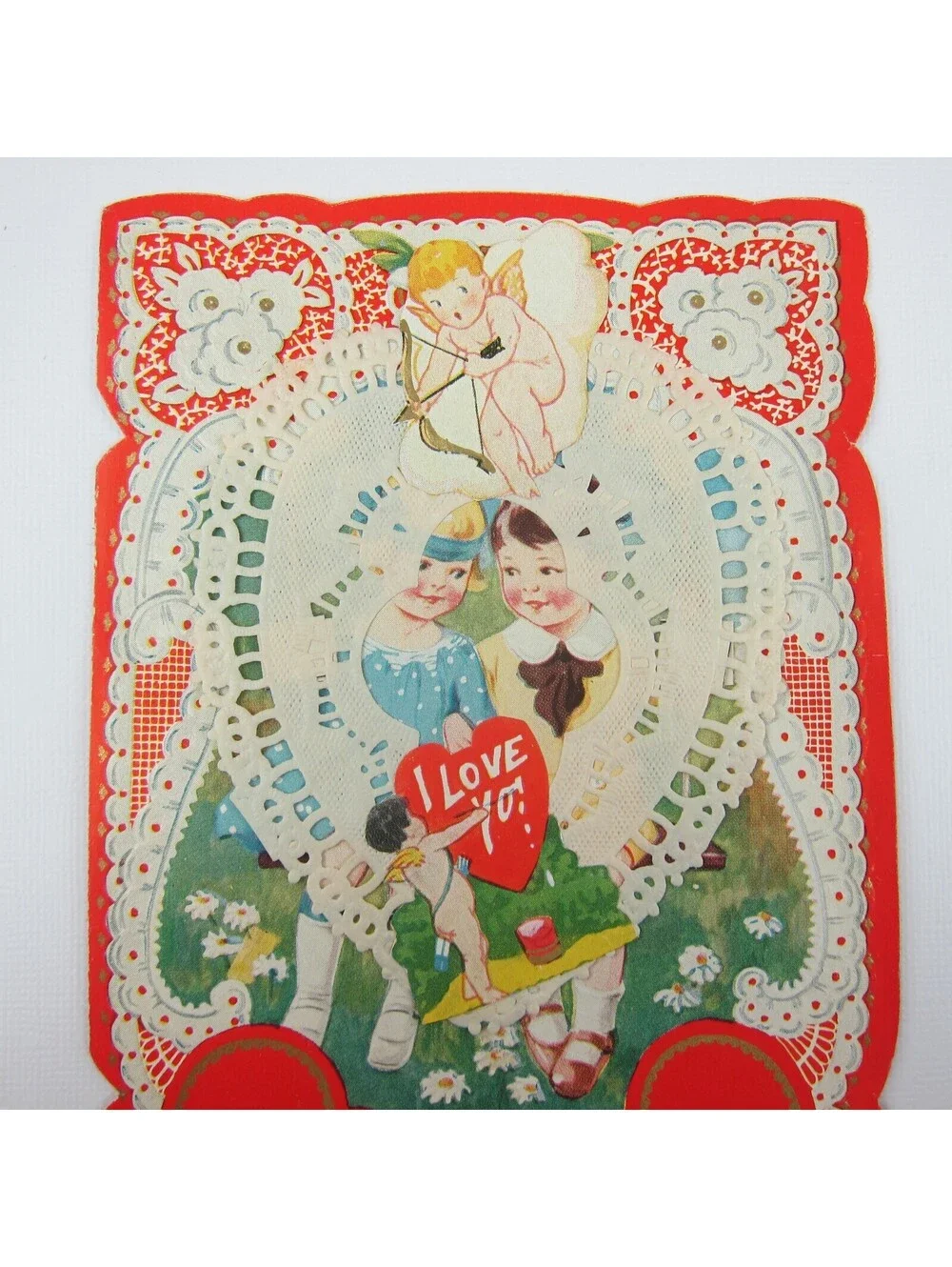 Antique Valentine Blonde Girl Blue Dress Boy Swing Cupid Daisy Flowers UNSIGNED
